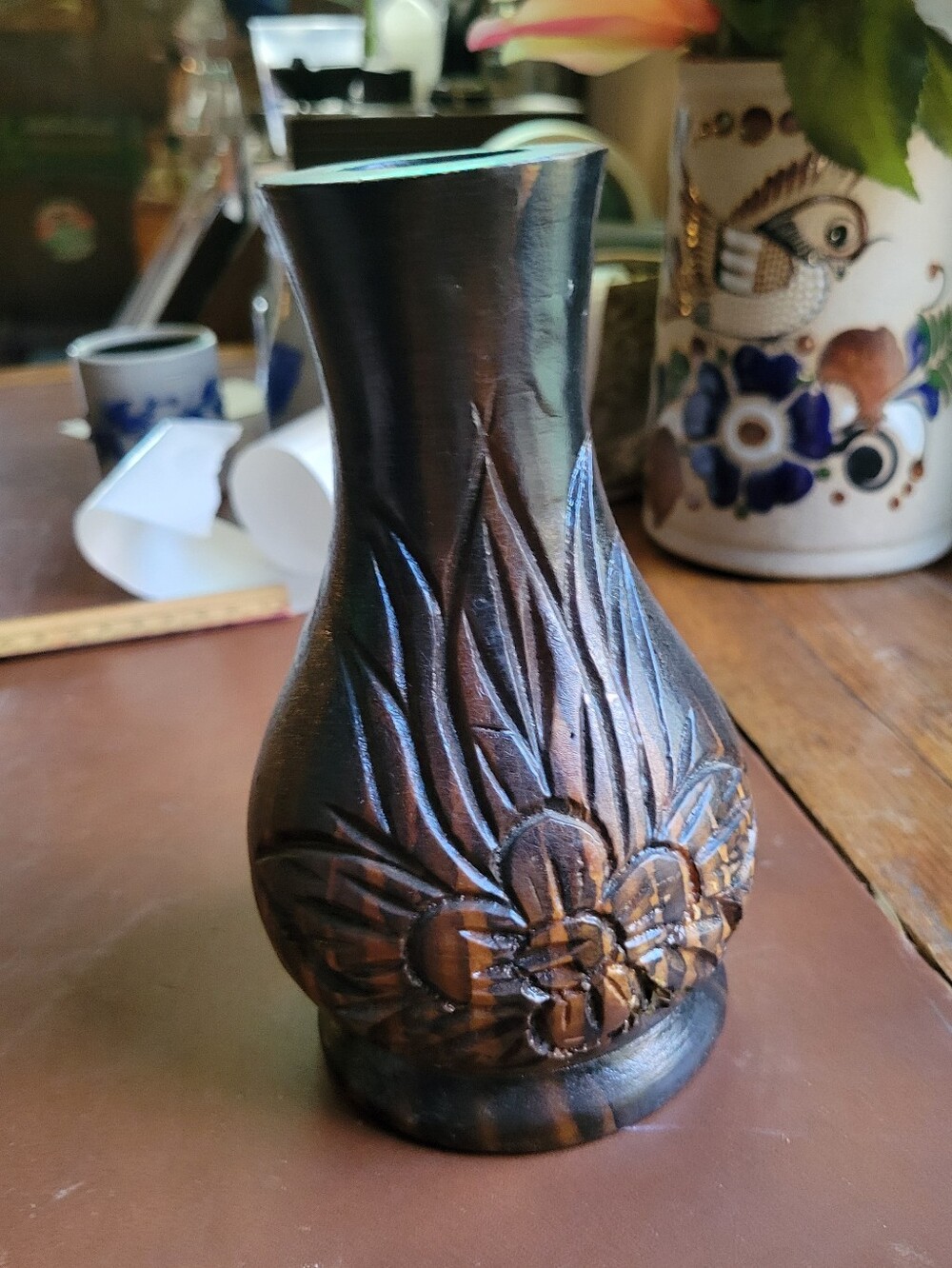 6" Wood Floral Carved Vase Tiger Striped Wood